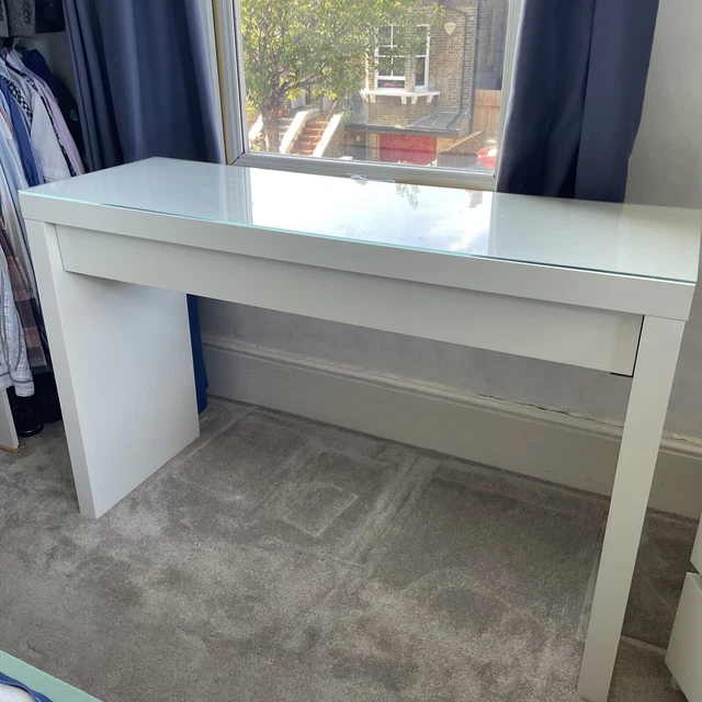 IKEA DESK TABLE Side Table Single Drawer Glass Top Malm White £49.99