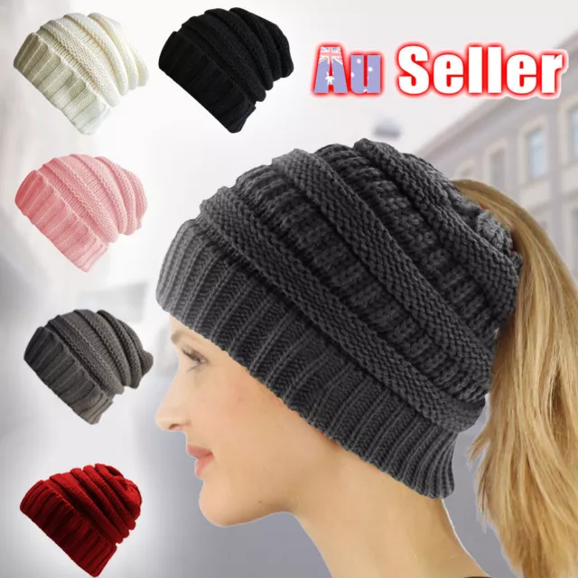 Women's Ponytail Beanie Skull Cap Winter Soft Stretch Cable Knit High Bun Hat