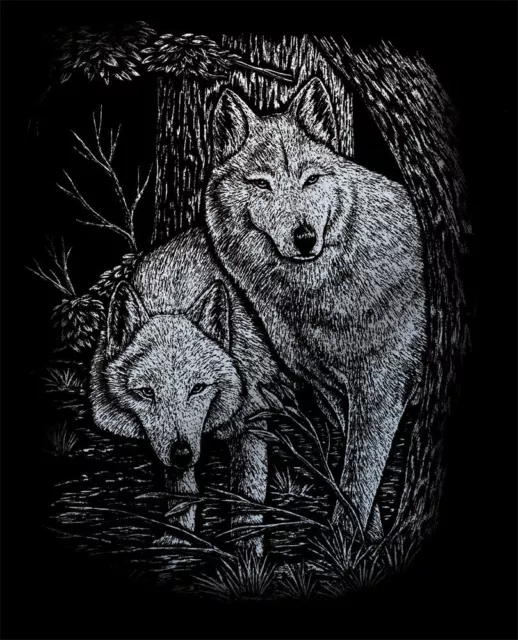 Kratzbild Kratzbilder Wolf Wölfe am Baum Größe 20 cm x 25 cm Komplettset