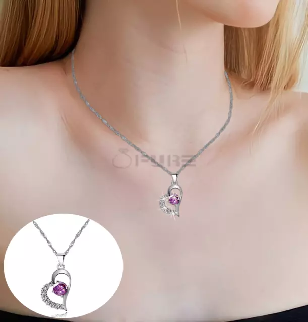 Brilliant Purple Crystal Heart Pendant Mothers Gift Necklace 925 Sterling Silver