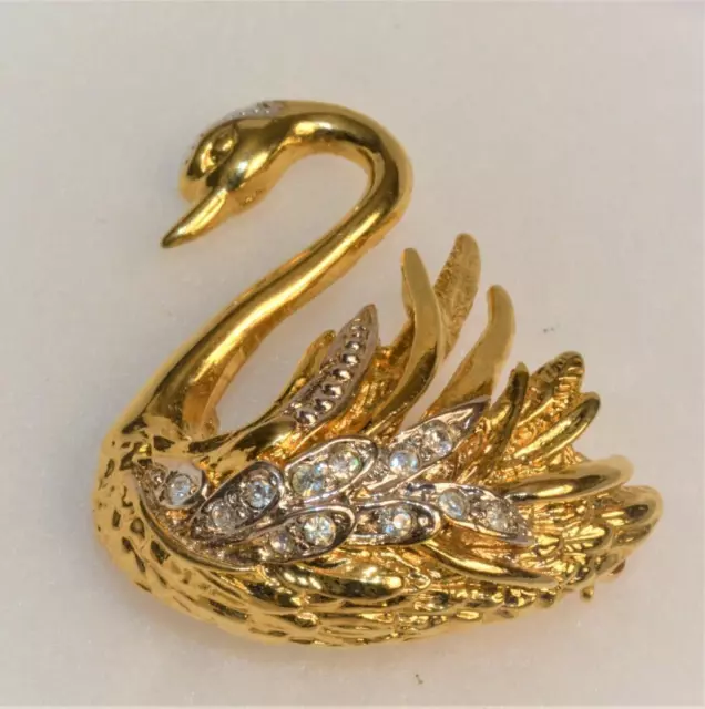 Vintage Gestempelt Marvella Goldfarbig Klar Strass Schwan Form Pin Brosche