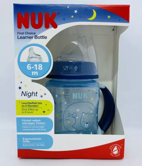 NUK First Choice Night Learner Baby Bottle Handles 6-18m 150ml Blue Glow In Dark