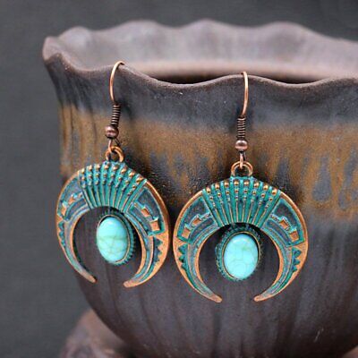 Retro MoonTurquoise Hook Earrings Dangle Drop Ethnic Women Boho Jewelry Gift