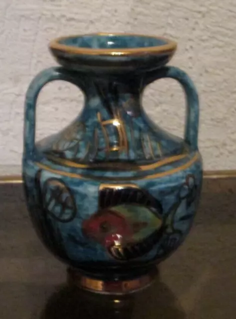 Griechische Kunst Keramik Giannis Vase Hand Made in Rhodos Fisch Design 24k Gold