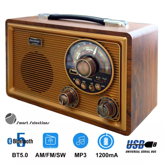 Portable Retro Radio AM FM SW TF Card Rechargeable 1200mA Battery R-9022BT BT5.0