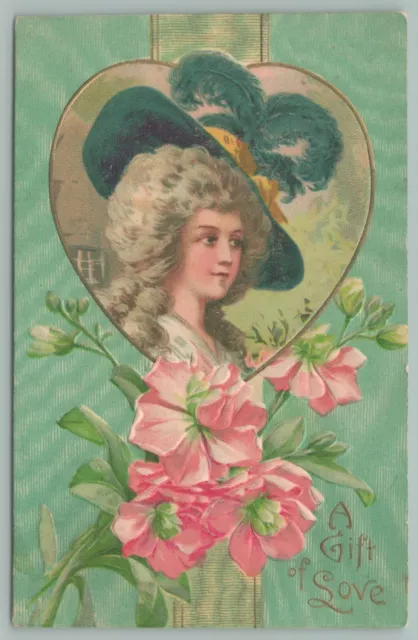 Valentine~Lady In Black Feathered Hat~Wig~Inside Heart~Pink Flowers~1907~Emboss