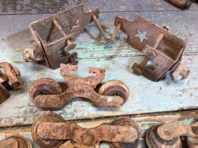 Lot Of Antique Vintage Barn Door Rollers And Brackets With Star 7