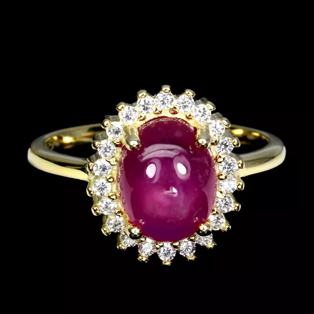 Oval Red Pink Ruby 9x7mm White Cz 14K Yellow Gold Plate 925 Sterling Silver Ring