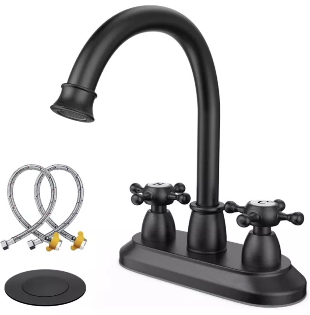 Gowin Bathroom Sink Faucet 3 Hole 4” 2 Handle Matte Black 360 Swivel Gooseneck