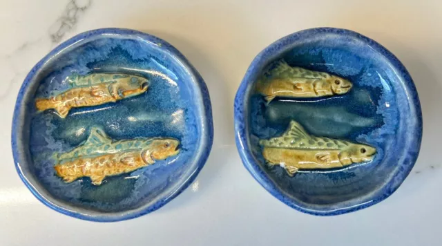 Set of Two FISH Plates Dish Pottery Handmade Oregon USA Signed 2005 3” Dia Small