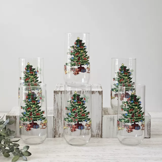Set of 6 Vintage Luminarc Christmas Tree Noel Holiday Tumblers Glasses 16 Oz