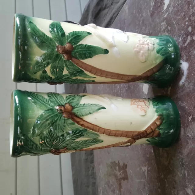 A pair of harverys tiki themed topless hula dancers and palm trees cups 2