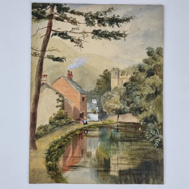 Antique 19th Century Watercolour Painting Figures In River Landscape