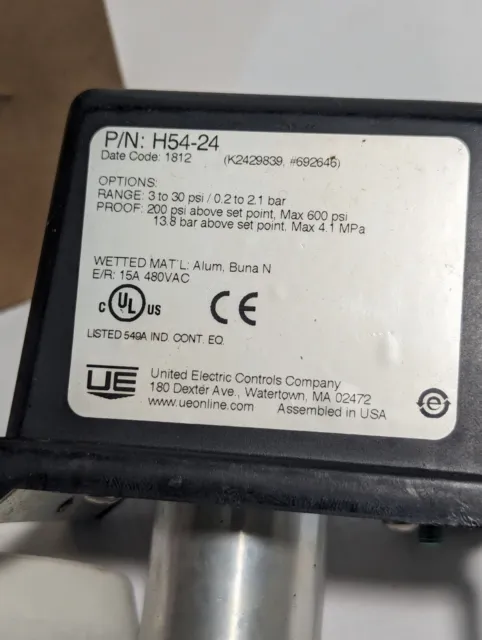 United Electric Controls H54-24 Pressure Switch, 15a, 480vac, 3-30 psi