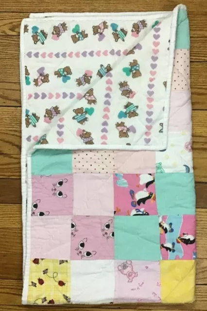 Vintage Reversible Baby Crib Quilt Blanket with Teddy Bears Handmade 30" x 54"