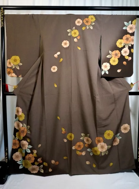 Japanese kimono  "HOMONGI", Gold leaf, SAKURA, Dyeing two colors,L5' 5"..3485