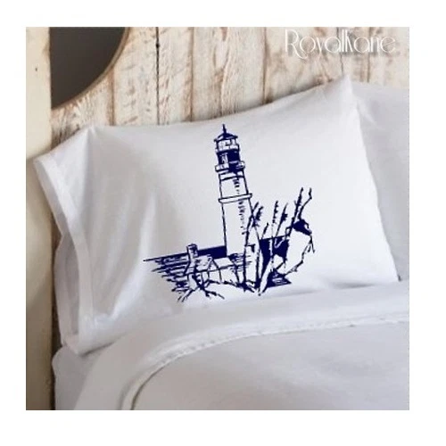 Two Navy Blue Light House Nautical scene PILLOWCASE sailor boat house cottage