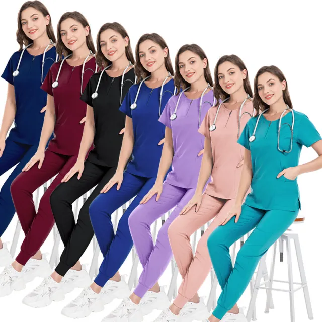 Stretch Nurse Uniform Jogger Scrub Set Women V-Neck Top Crgo Pant Medical Salon