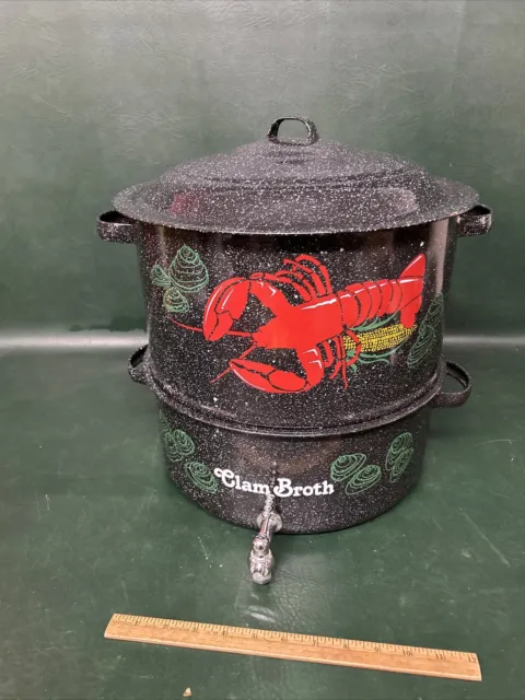 16" x 15" tall  Double Speckled Black Enamel Lobster Steamer Clam Pot W/ Spigot