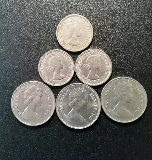 6 Coin Lot, 1955,25 mils. 1955/59,6 Pence1979x3, 5 New Pence. UK Coins.