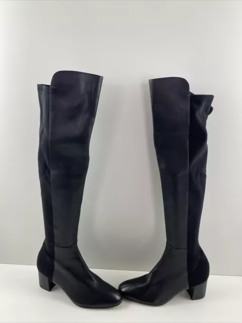 Stuart Weitzman Black Leather/Fabric Round Toe Pull On Knee High Boots Size 6.5M