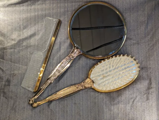 Vintage 3pc Elegant Gold Silver Tone Gilt Vanity Dresser Brush Mirror Comb Set  2