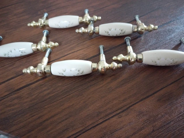 Vtg Hardware Drawer Pull Door Dresser Cabinet Ceramic Floral Brass Ivory Lot 5