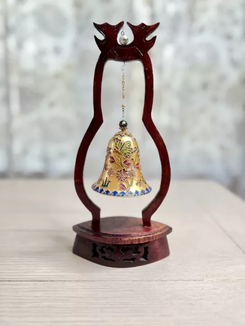 Chinese Hand Painted Brass Bell With Wooden Stand