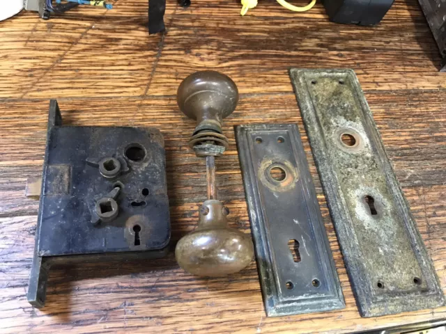 Antique Door Set Victorian / Eastlake Backplate Knob  Lock Assembly Parts