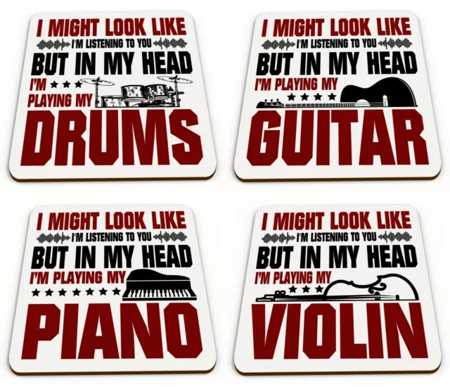 In My Head I'm Playing My (Instrument) Novelty Gift Glossy Mug Coaster - Red