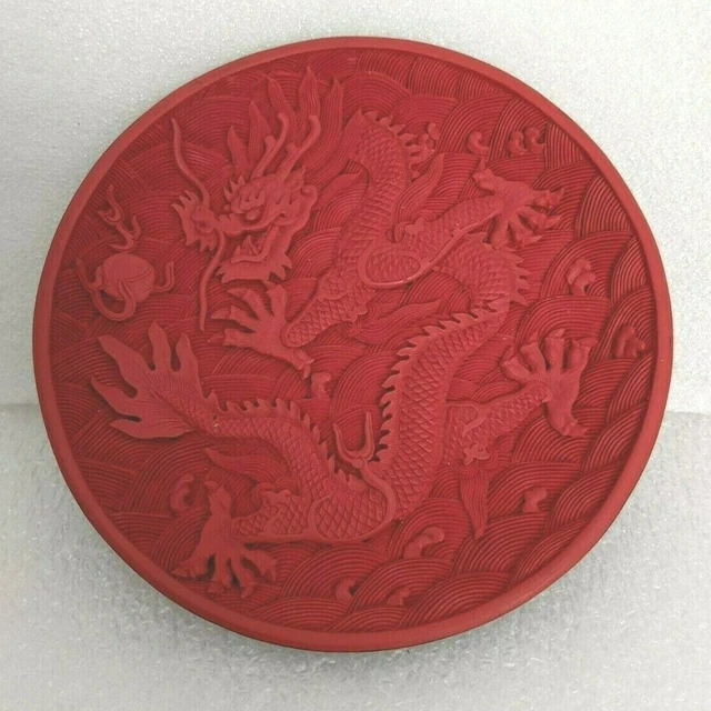 DK. Vintage Chinese Red Carved Cinnabar Lacquer Asian Art Plate - Dragon 5.75"