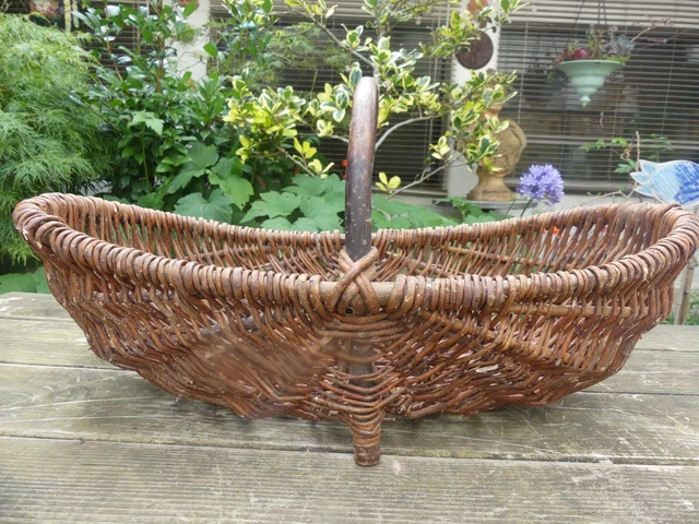PANIER ANCIEN OSIER RARE forme très longue 66cmX25cm anse