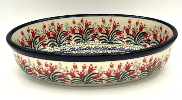 Polish Pottery 9.5" Oval Baker Bowl Crimson Bells Handmade Hand Painted Poland