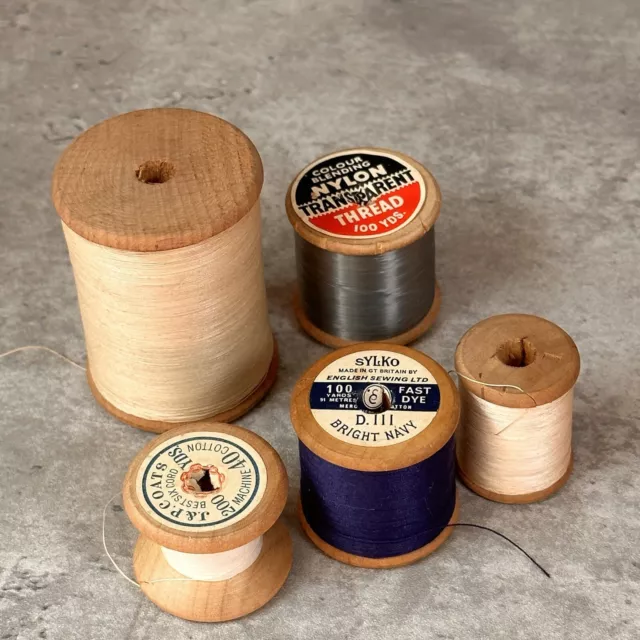 5 Vintage Wooden Cotton Reels inc Sylko Coats & Transparent Thread