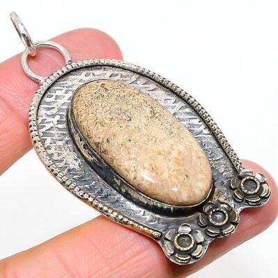 Fossil Coral Gemstone Handmade 925 Sterling Silver Jewelry Pendant 2.64"
