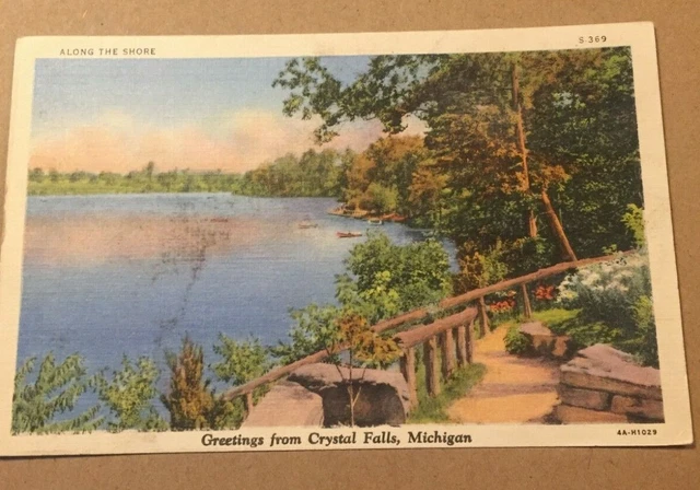 Vintage Penny Linen Postcard Unused Greetings From Crystal Falls, Mich.