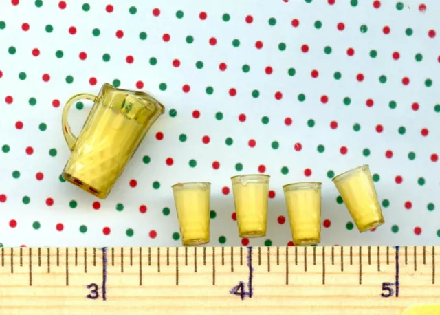 Dollhouse Miniature Drink, AMBER Pitcher of Milk & 4 Filled Glasses