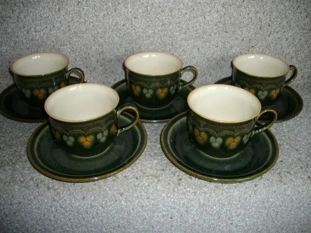 5 x Denby Fine Stoneware - Oberon Green - Tea Cups & Saucers