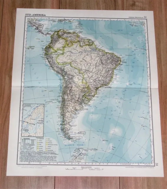 1926 Original Vintage Swedish Map Of South America / Argentina Brazil Chile