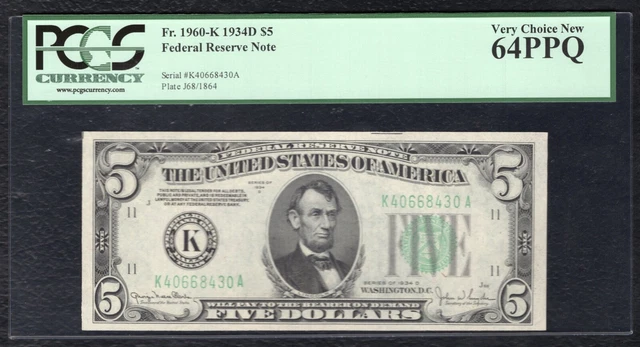 Fr. 1960-K 1934-D $5 Frn Federal Reserve Note Dallas, Tx Pcgs Uncirculated-64Ppq