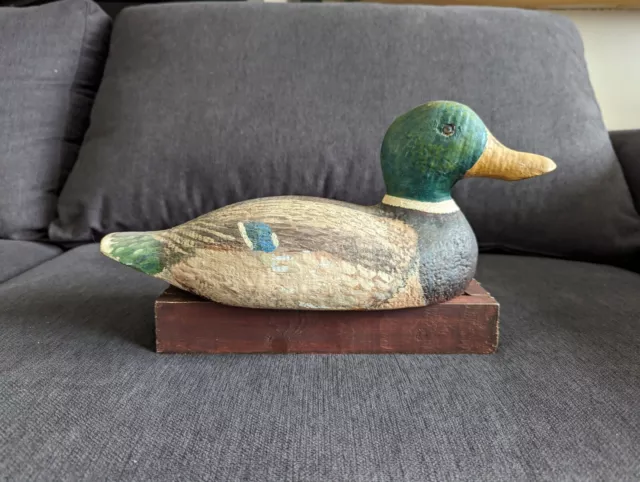 Vintage Antique Wooden Mallard Duck Decoy Painted Hand Carved With Stand