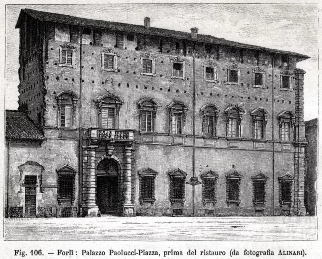 Forlì: Palazzo Piazza Paulucci. Stampa antica di 120 anni + passepartout. 1901