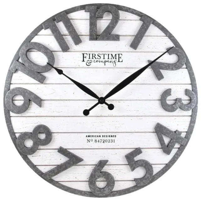 FirsTime and Co. Wall Clock Round Black Sawyer Rustic Shiplap Galvanized Finish