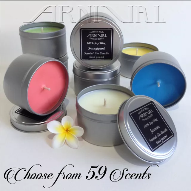 HIGHLY SCENTED 100% NATURAL SOY WAX CANDLE IN TIN 43hr burn time TRAVEL CANDLES