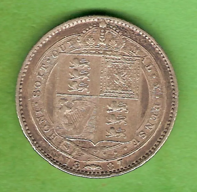 1887  Great Britain Silver Shilling Coin, Queen Victoria