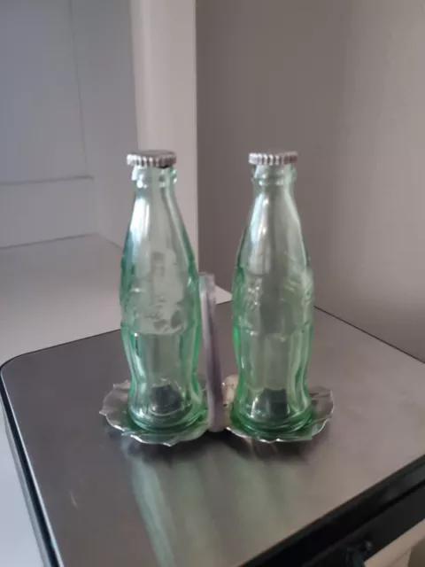 Coca Cola Glass Mini Coke Bottle Salt & Pepper Shakers Green Glass Set Pair