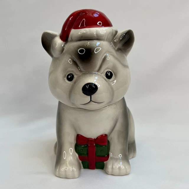 Siberian Husky Red & White Treat Jar 8.5in Tall, 6.5 And 5.5 In Wide Holiday