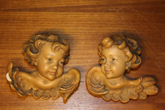 4.4" Pair Anri Wood Hand Carved Angel Putto Cherbu Head Italy Statue Wall Figure