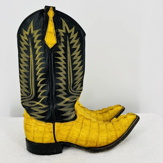 HANDMADE CAIMAN CROCODILE Yellow Black Cowboy Boots Size 8.5 Exotic