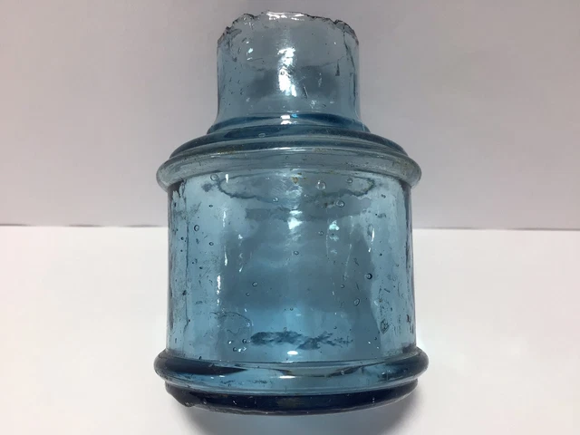 Scarce PALE BLUE COTTON REEL SHAPED WIDE MOUTH Old Victorian Ink Bottle J15